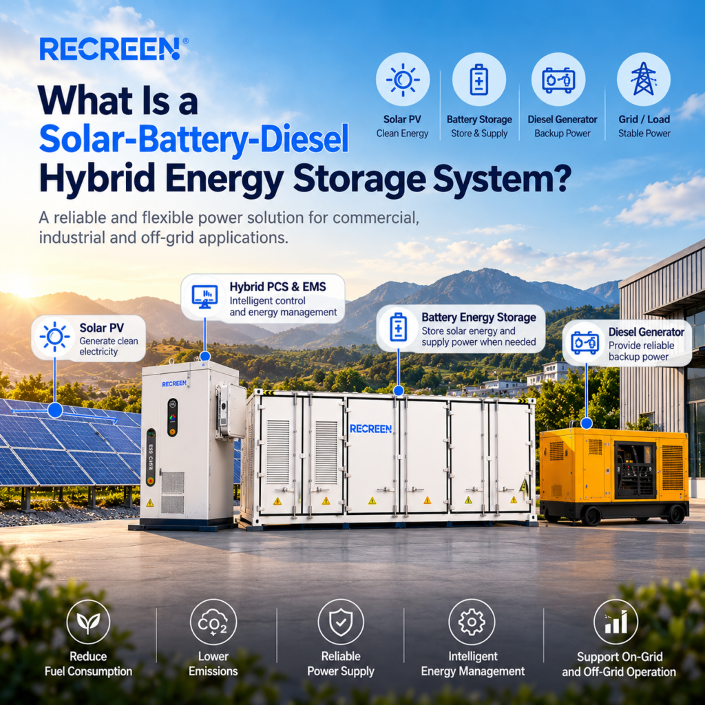 Solar-battery-diesel hybrid energy storage system featuring Recreen BESS, solar panels and diesel generator